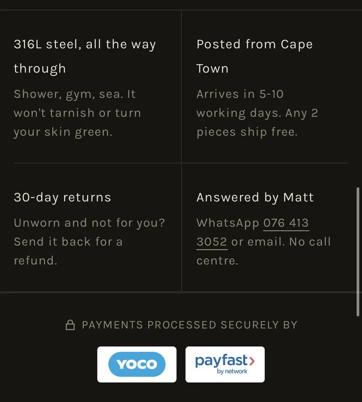 Harlan trust section: 316L steel, posted from Cape Town, 30-day returns, answered by Matt on WhatsApp, Yoco and PayFast logos