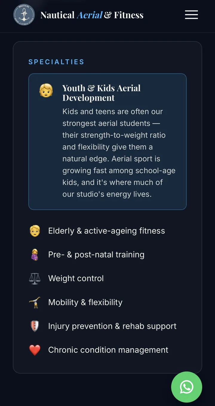 Specialties section listing youth and kids aerial, active ageing, pre and post-natal, weight control, mobility, rehab support and chronic condition management