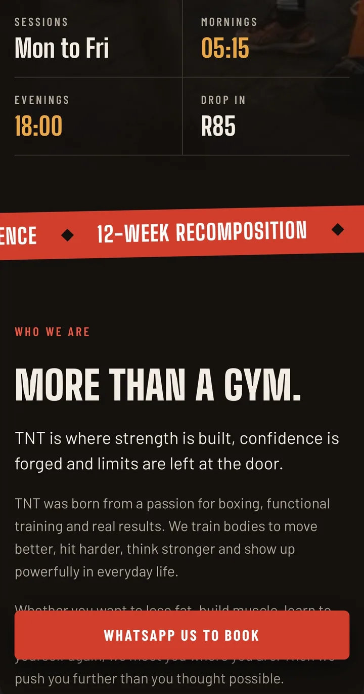 TNT Fitness session stats, a red ticker banner and the More than a gym section