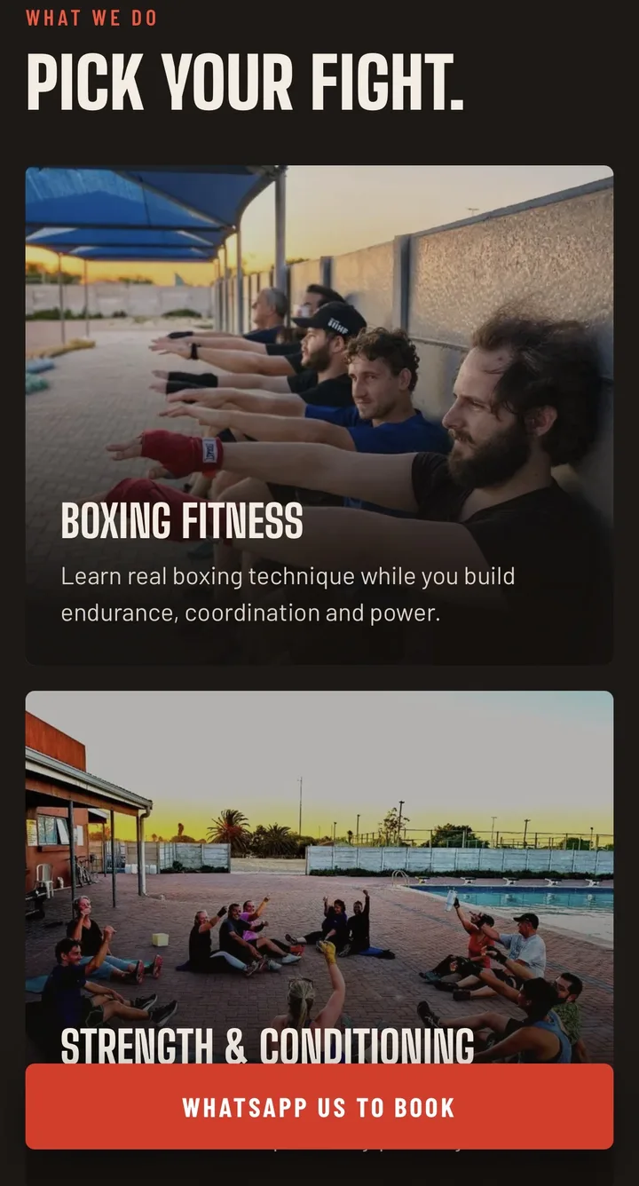 TNT Fitness Pick your fight section with photo cards for boxing fitness and strength and conditioning