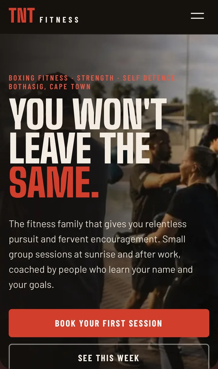 TNT Fitness homepage on a phone: members boxing outdoors, headline "You won't leave the same." and a Book your first session button