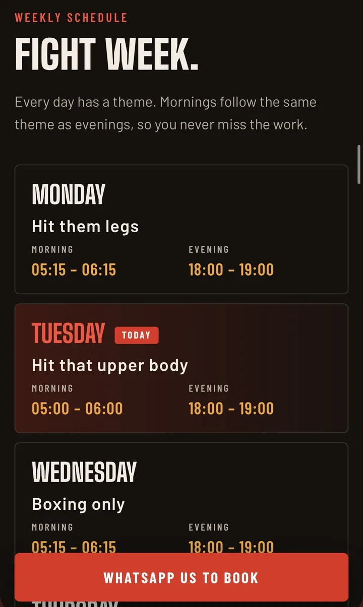 TNT Fitness Fight week schedule with a card for each day, today highlighted in red, morning and evening times